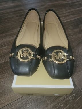 Michael Kors Sz 11M Fulton Moc Black Ballet Flats with Gold Logo